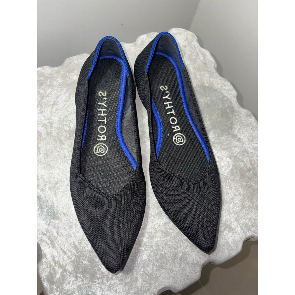 Rothy's Women's Knit Pointed Toe Slip-On Flats Black/Blue Trim US 6.5
